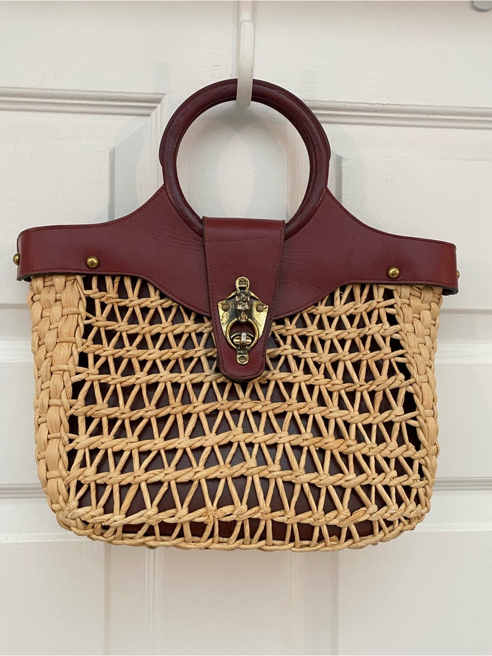 RARE Vintage 1960’s Etienne Aigner Tan Woven Tote; Oxblood Leather Trim, Handles
